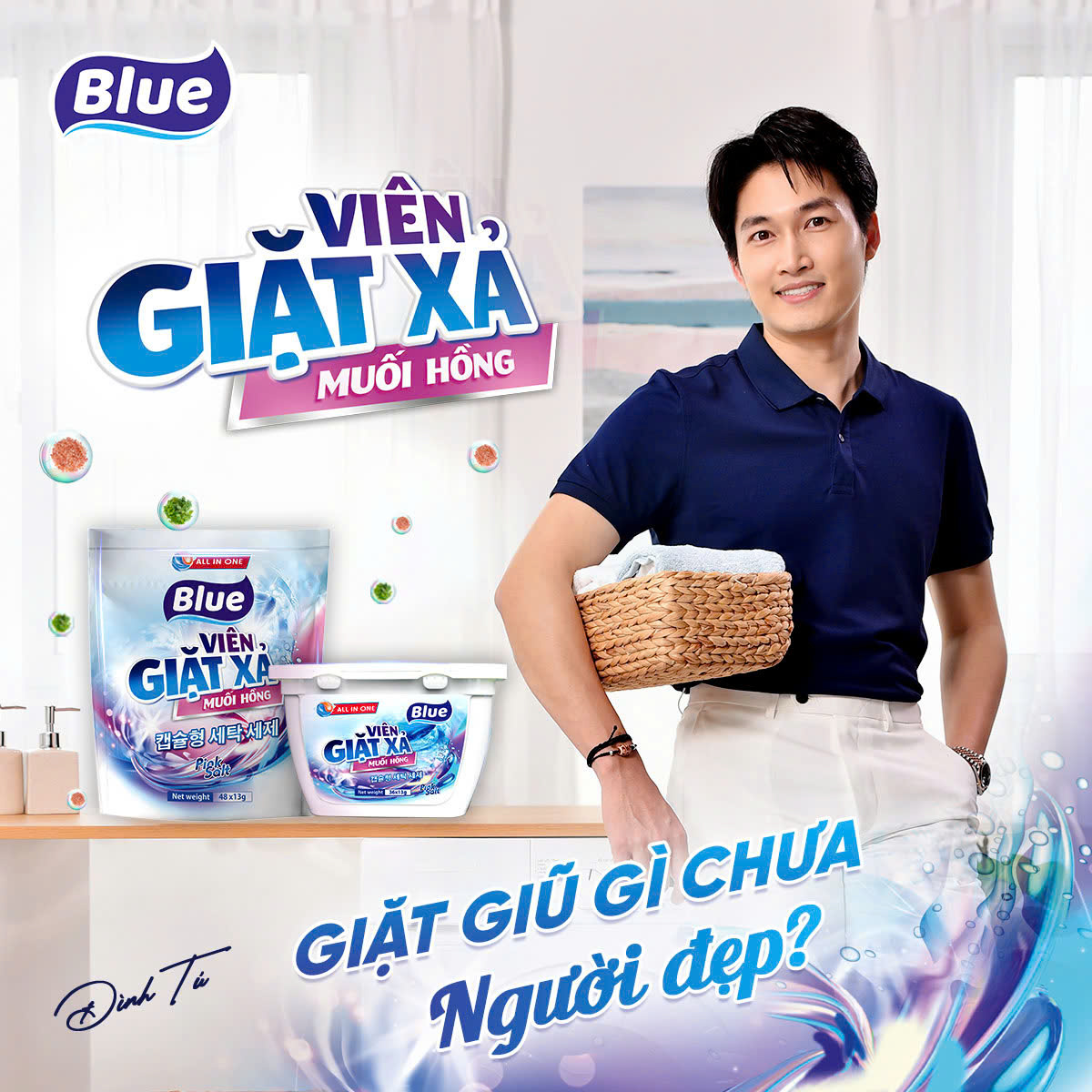 Đàn ông hiện đại không ngại giặt giũ cùng Viên giặt xả Blue Muối hồng